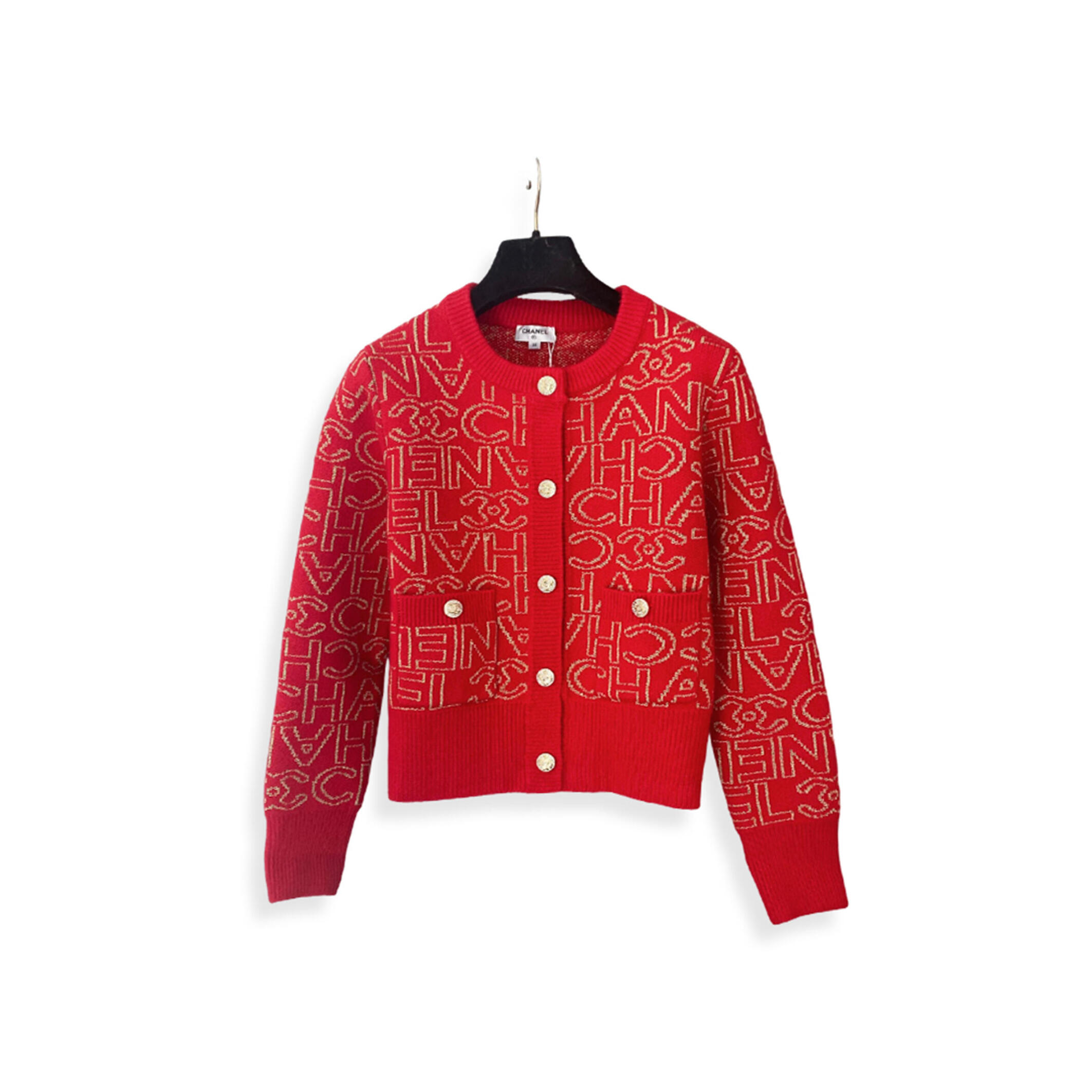 CHANEL LETTER JACQUARD CREW NECK KNIT CARDIGAN 